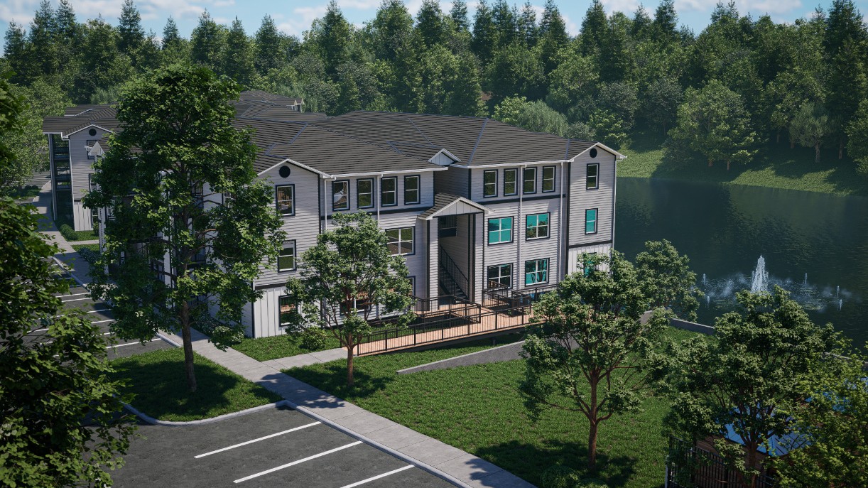 Community exterior and lake at The Asher